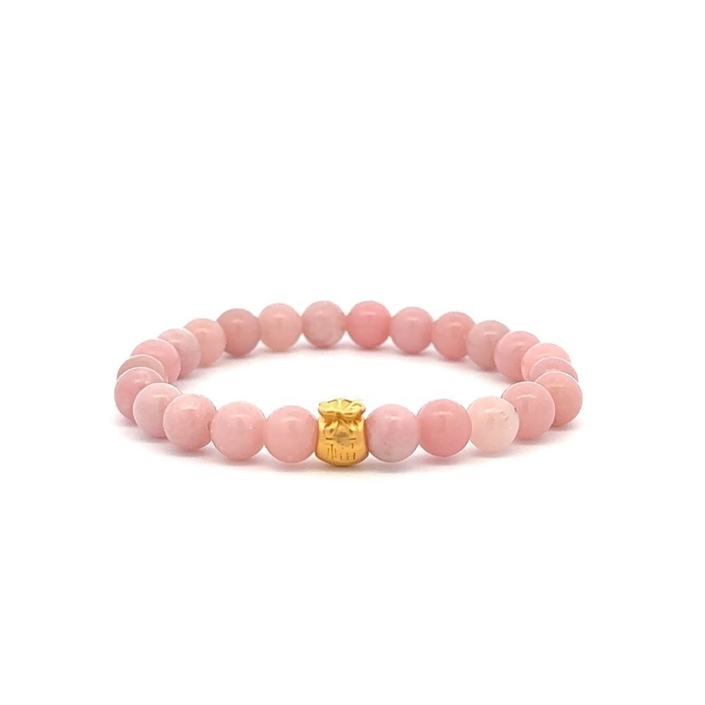 24K Gold Money Bag Lucky Charm Stretchable Bracelet Gemstones Natural Pink Opal